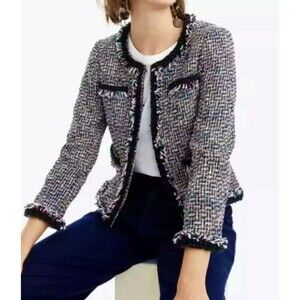 J. Crew Lady Metallic Tweed Jacket Blazer Black Rainbow Multi Fringe Women’s 8